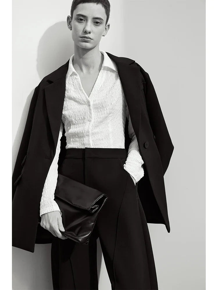 Blazers For Women 2026 Autumn New Black Jacket Notched Double Buckle Loose Mid-length Office Lady Versatile Jackets12453040