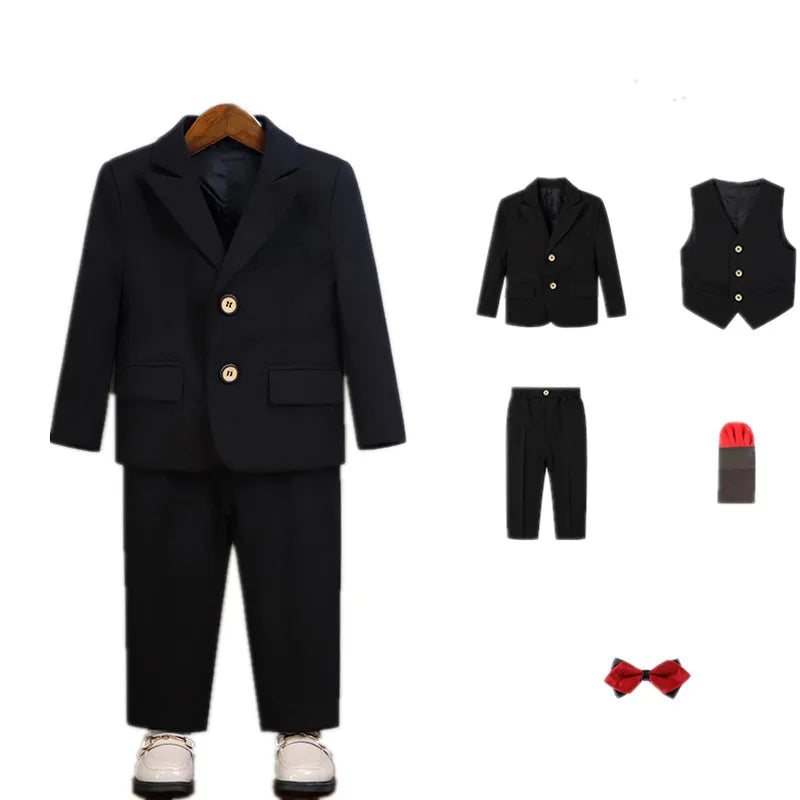 Boys Pure Pink Jacket Vest Pants Bowtie+Pocket Cloth 5pcs Wedding Birthday Outfit Kids Formal Piano Host Performance Costume