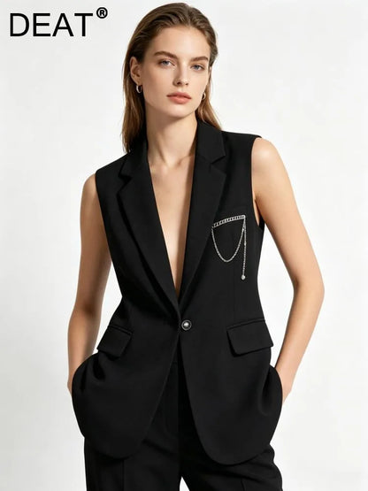 Elegant Slim-Fit Black Sleeveless Blazer Vest Women Backless Bow Tie Chain Decor Formal Office Waistcoat 2026 New