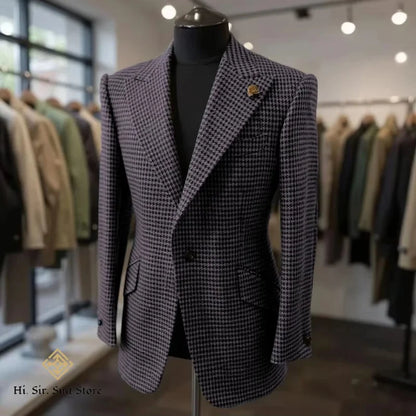 Houndstooth Blazer Men Slim Fit Plaid Suit Jacket Tuxedo One Button Peak Lapel Business Casual Wedding Prom Sport Coats Hot Sale
