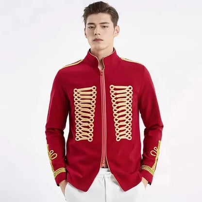 Men's European Style Stand Collar Zipper Blazer Golden Rope Detail Cosplay Middle Ages Tuxedo for Stage Performances And Parties