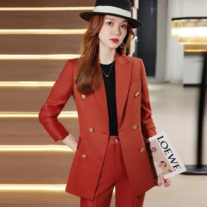 2025 Button Decoration Formal Jacket Blazer and Trouser 2 Piece Set Fashion Pink Green Black Ladies Work Wear Pant Suit Women