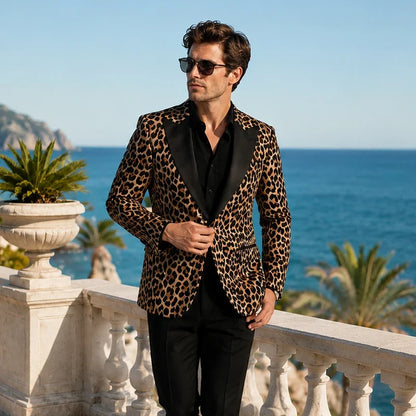 Men's Slim Fit Blazer Leopard Print Satin Lapel Single Button Jacket for Wedding Party
