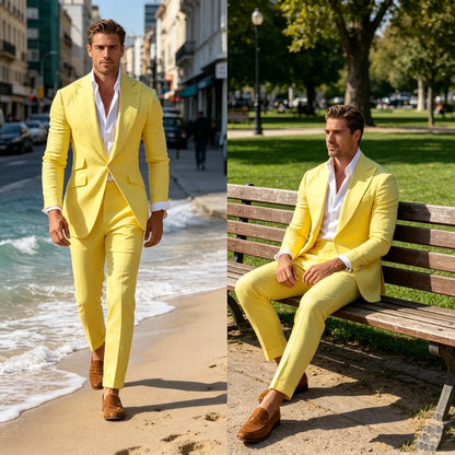 Men's Suit Yellow 2 Piece Set Peak Lapel Slim Fit Single Breasted Casual Comfortable Suit Formal Groom Best Man Dress for Party