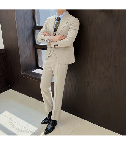 ( Jacket+Vest+Pants ) ltalian Style Luxury High-end Fashion Solid Color Mens Business Slim Suit 3Piece Set Groom Wedding Tuxedo