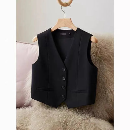Women Fashion White Black Suit Vest New Short Style Sleeveless Jacket Office Lady V-Neck Casual Lined Blazers Vest Waistcoat