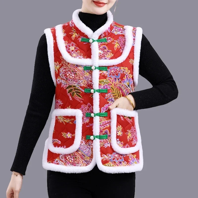 Middle-aged Mother Add Velvet Warm Vest Coat Autumn Winter New Printed Fleece Sleeveless Jacket Grandma Thicken Warm Waistcoat