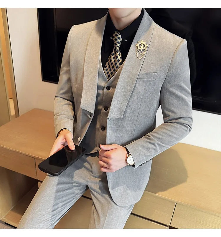 High Quality Casual Business Suit Set Men Slim Fit Social Wedding Groom Formal Set 3 Piece Set (jacket+vest+pant）men Clothing