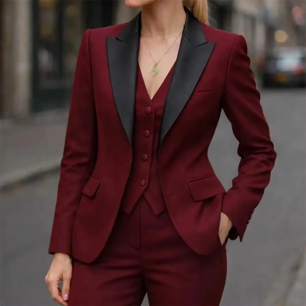 Women's Suit 3 Pieces Purple/Burgundy Fashion Pantsuits Single Breasted Blazer Vest Pants Outfits Social Party Female Clothing