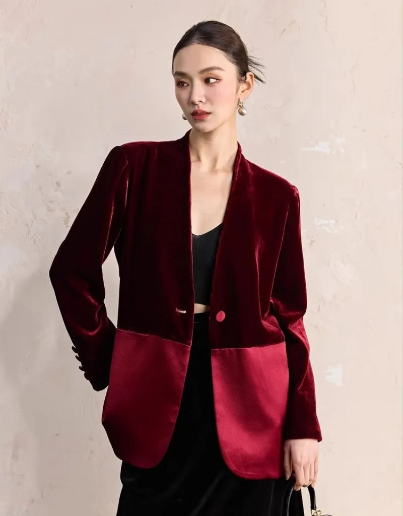 One Button Velvet Spliced Women Blazers Contrast Color Suit Jacket V-Neck Work Lady Loose Fit Outerwear Long Sleeve Autumn Coat