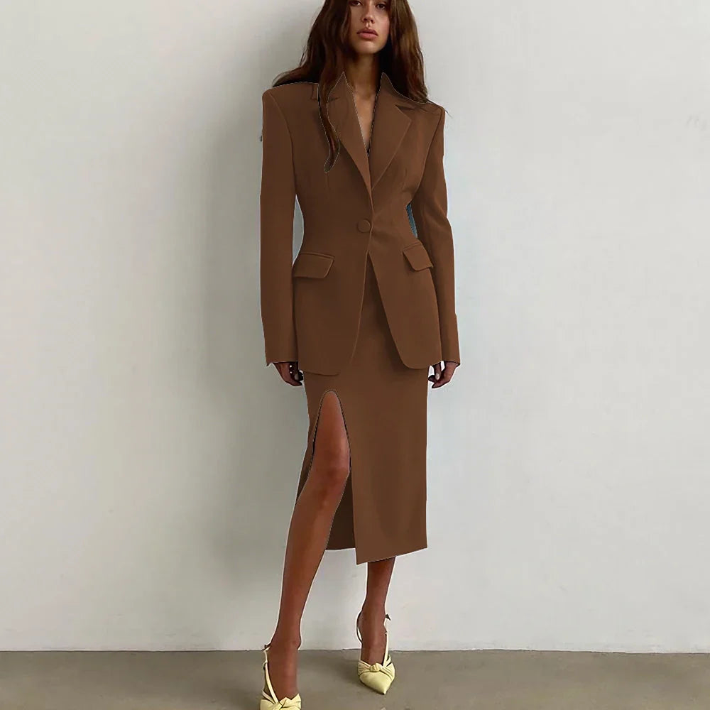 Professional Women's Single Button Notch Lapel Blazer Suit Side Slit Midi Skirt Set Elegant Party Office Fashion 2Piece Outfit