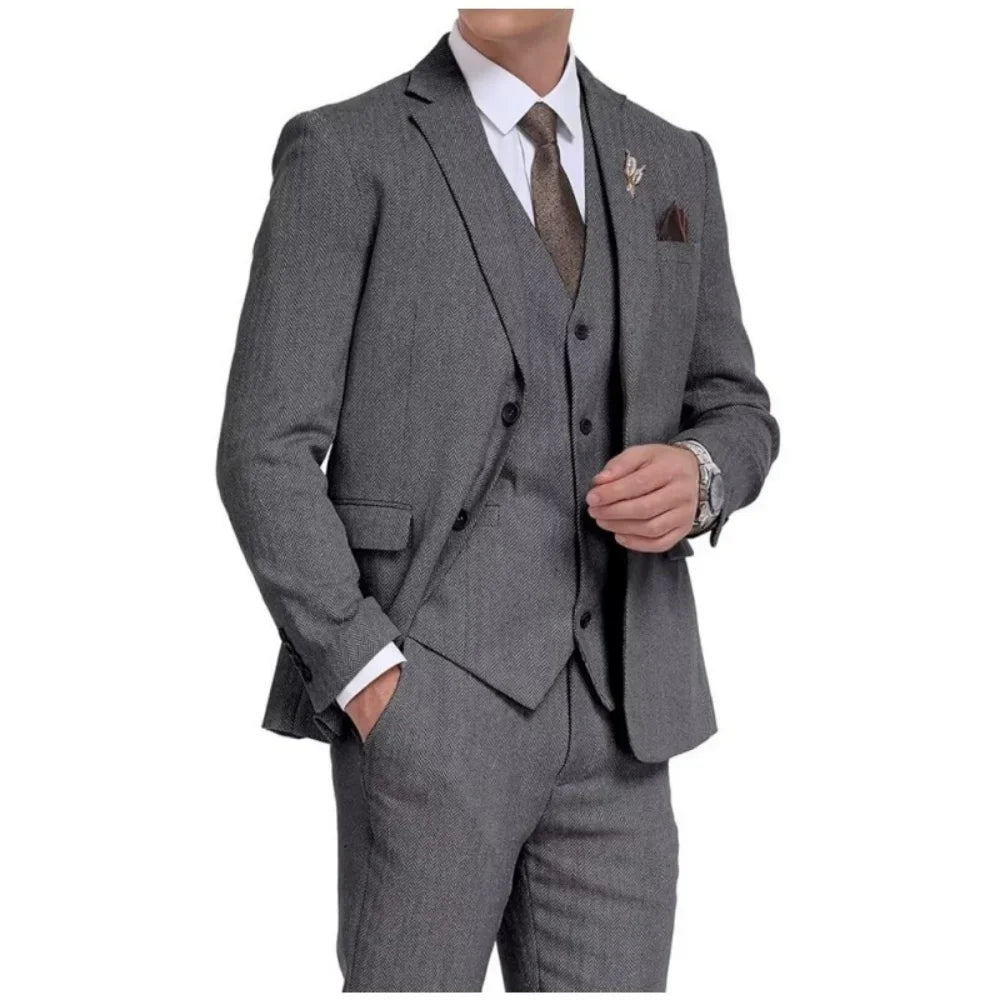 Men 3 Pieces Warm Herringbone Suit Formal Business Tweed Groom Tuxedo for Men Business/Wedding Men's Suit Jacket Vest Pants Set