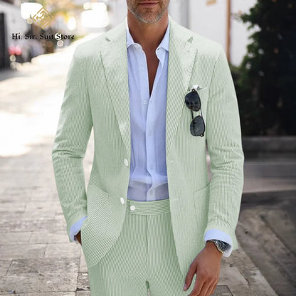 Men's Slim Fit Seersucker 2-Piece Suit Set – Blue Striped Smart Casual & Wedding