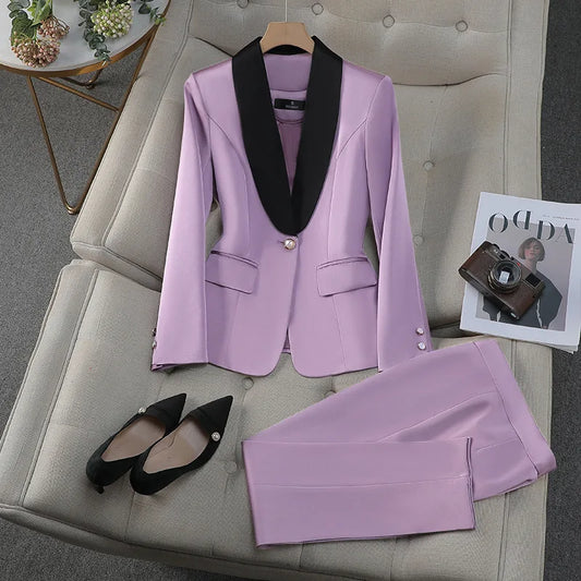 Elegant Women's Blazer Pants Sets Autumn Fashion Shawl Collar Jacket Trousers Suit Office Lady Work Outfit Matching Set