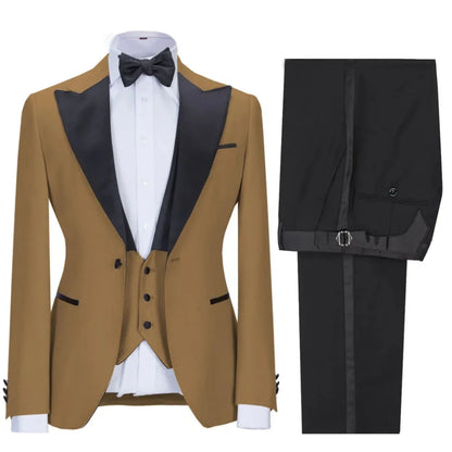 Men Suit 3 Pieces Beige With Black Lapel Single Button For Wedding Business Banquet Party Office Daily Work Jacket Vest Pants
