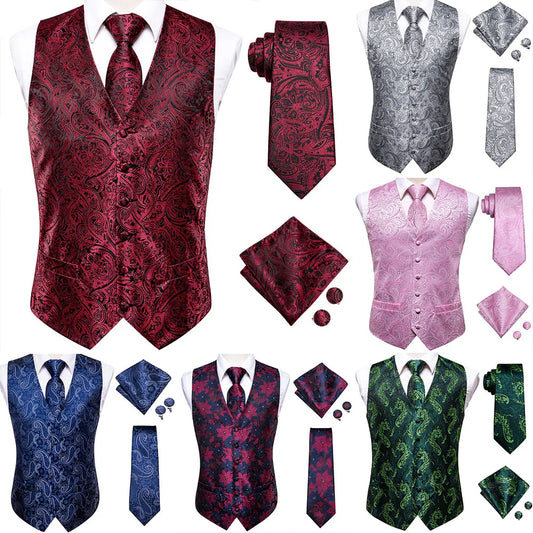 Men's Slim Fit Waistcoat Set – Burgundy Paisley Floral Vest with Necktie, Pocket Square & Cufflinks for Weddings