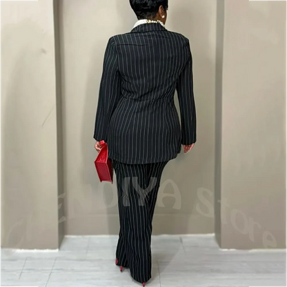 Formal Black Stripe Women's Pant Suits Notch Lapel Single Button Business Work Special Occasion Chic Elegant Outfit Attire