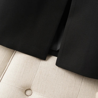 Elegant mid-length black womens blazer for autumn and winter simple one-button design with a slimming drape effect suitable for commuting