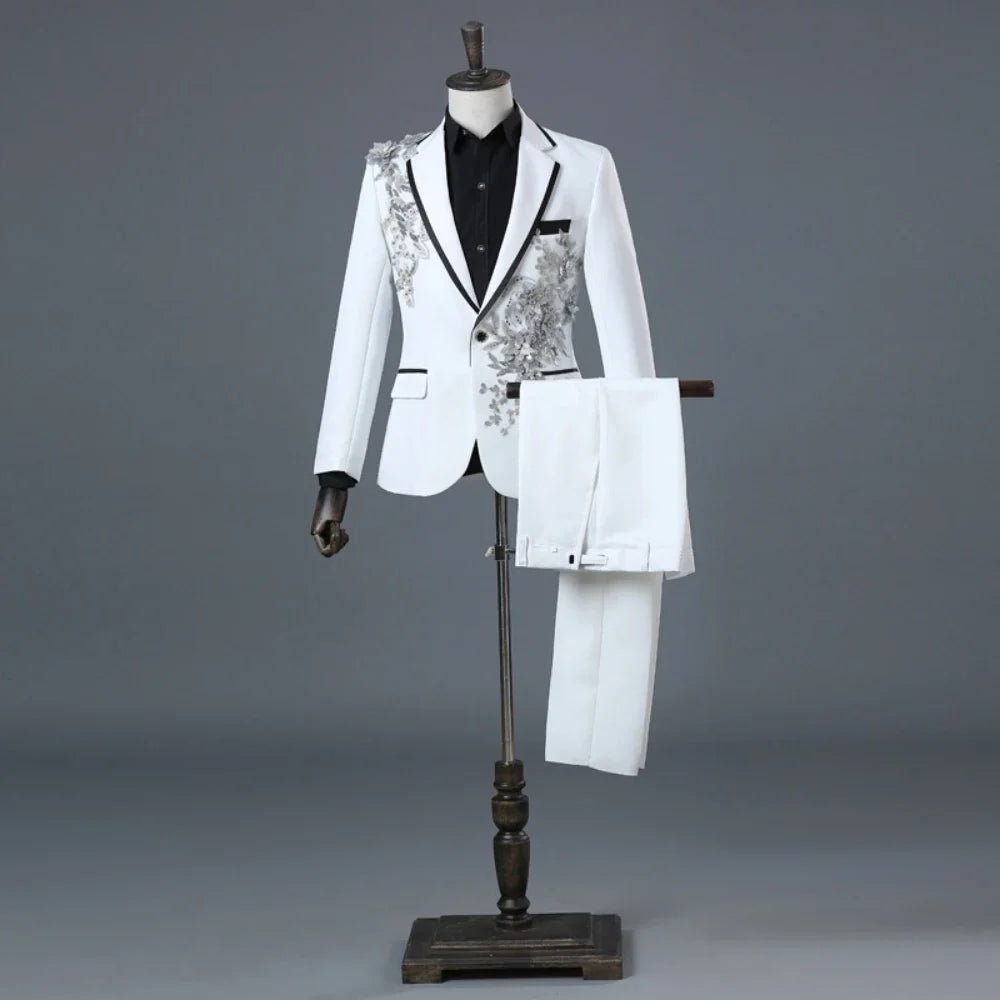 Exquisite Embroidery Beaded Suit Set 2 Pieces Dancing Wear Notched Lapel Handsome Men's Slim Fit Suits Wedding Party Tuxedo