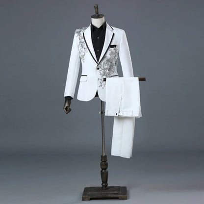 Exquisite Embroidery Beaded Suit Set 2 Pieces Dancing Wear Notched Lapel Handsome Men's Slim Fit Suits Wedding Party Tuxedo