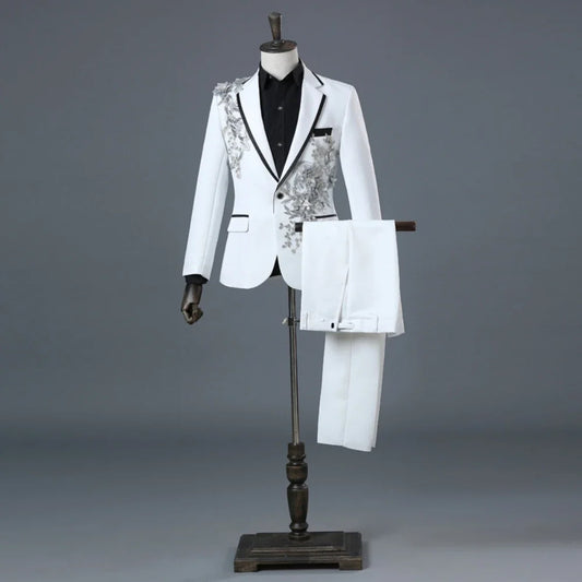 Exquisite Embroidery Beaded Suit Set 2 Pieces Dancing Wear Notched Lapel Handsome Men's Slim Fit Suits Wedding Party Tuxedo