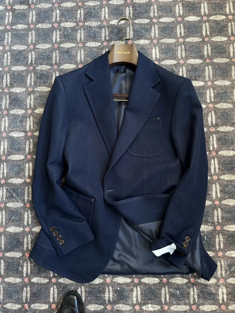 Business Men Office Work Denim Blue Lapel Single Breasted Blazer Jacket Casual Italian Style Designer Male Suit Two Piece Sets