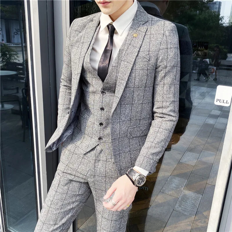 Men's 3-Piece Slim Fit Striped Plaid Suit Set with Vest and Trousers – Wedding & Business