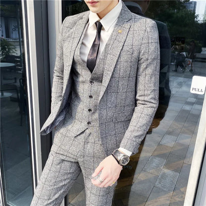 Men's 3-Piece Slim Fit Striped Plaid Suit Set with Vest and Trousers – Wedding & Business
