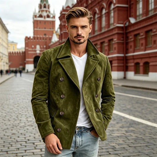 Men's Retro Suede Double Breasted Blazer Lapel Slim Fit Jacket Classic Business Casual Outerwear Formal Coat For Party Office ﻿