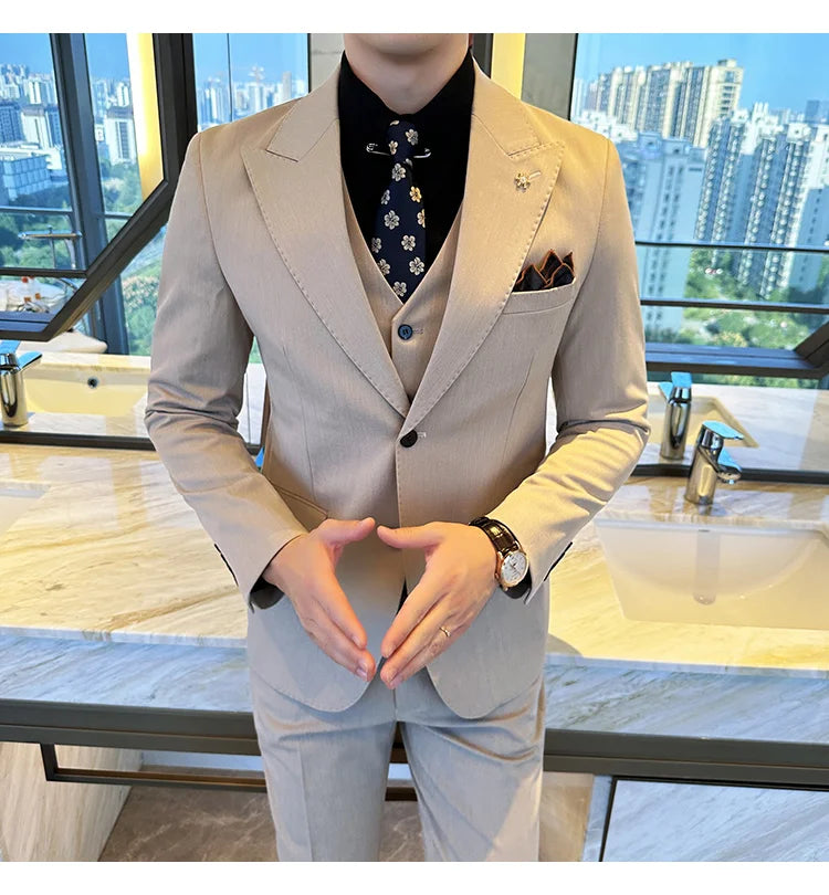 (Blazer + Vest + Trousers) 2024 New Men Formal Business Solid Suit 3 Pieces Set Italian Style Luxury Wedding Social Party Tuxedo