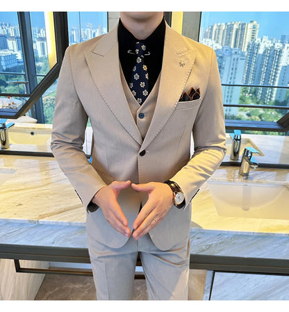 (Blazer + Vest + Trousers) 2024 New Men Formal Business Solid Suit 3 Pieces Set Italian Style Luxury Wedding Social Party Tuxedo