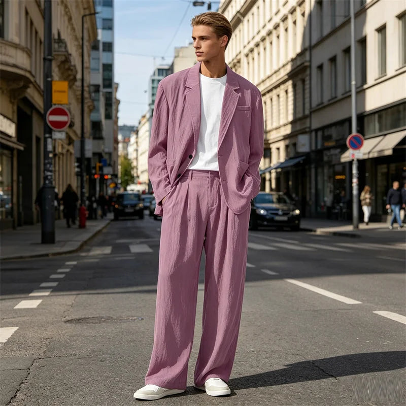 Men's Linen Blend Wrinkled Two Piece Suit Loose Two Button Blazer Wide Leg Trousers Casual Vacation Daily Soft Breathable Outfit