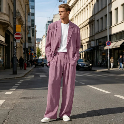 Men's Linen Blend Wrinkled Two Piece Suit Loose Two Button Blazer Wide Leg Trousers Casual Vacation Daily Soft Breathable Outfit