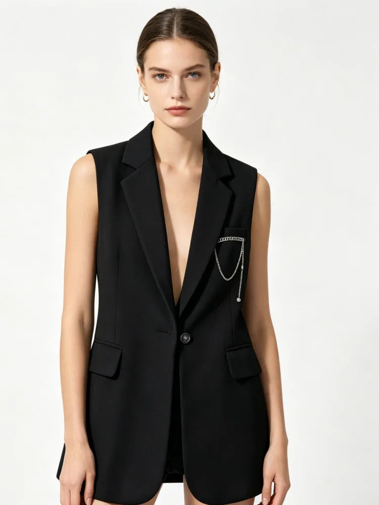 Elegant Slim-Fit Black Sleeveless Blazer Vest Women Backless Bow Tie Chain Decor Formal Office Waistcoat 2026 New