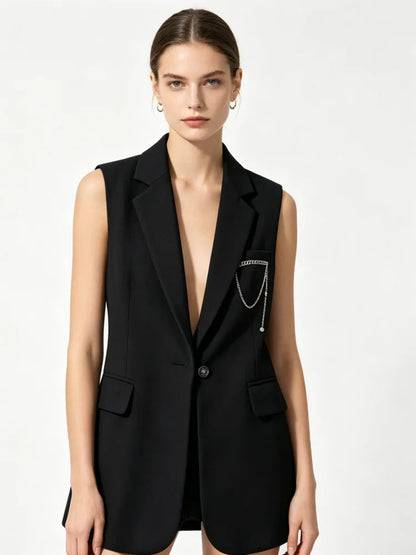Elegant Slim-Fit Black Sleeveless Blazer Vest Women Backless Bow Tie Chain Decor Formal Office Waistcoat 2026 New