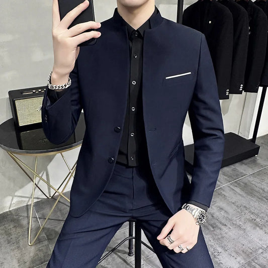 High Quality Stand Collar Suit Men 2 Pieces Business Formal Casual Suits Solid Color Office Party Wedding Groom Blazer Trousers