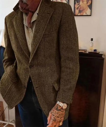 Mens Herringbone Tweed Blazer Vintage Wool Blend Houndstooth Jacket Regular Fit Notch Lapel Business Casual Outerwear Coat