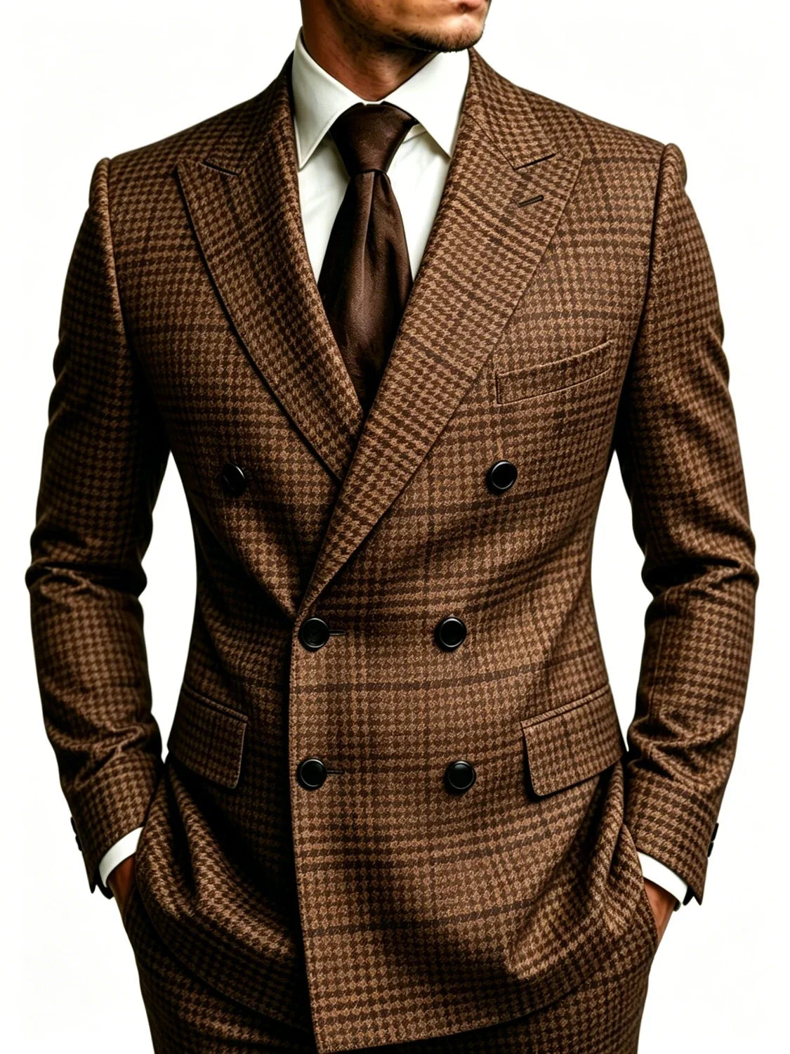 Men's Brown Casual Blazer Double Breasted Peak Lapel Slim Fit Business Wedding Jacket Formal Party Banquet Single Outerwear