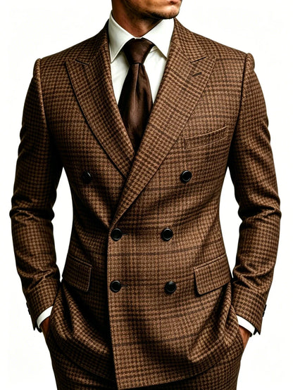 Men's Brown Casual Blazer Double Breasted Peak Lapel Slim Fit Business Wedding Jacket Formal Party Banquet Single Outerwear