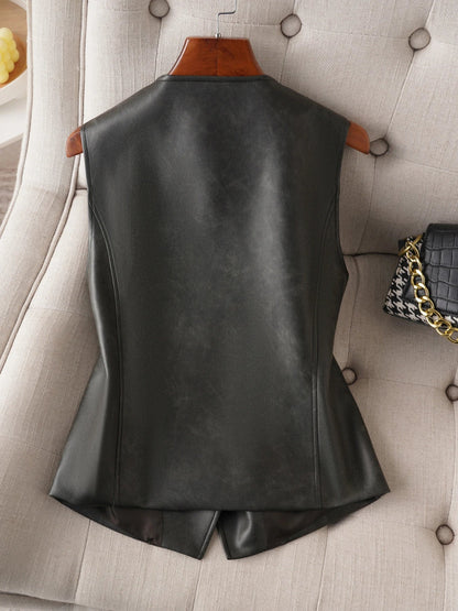 Single-Breasted V-Neck Leather Vest for Women, Spring and Autumn Fashion, Short Pu Leather Vest for Commuting, Outerwear or Innerwear