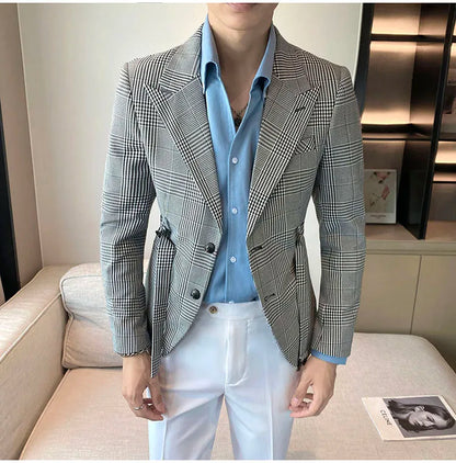 2025 Autumn Winter Classic Checkered Suit Jacket for Men Belt Decoration Slim Fit Casual Business Blazers Social Party Jacket