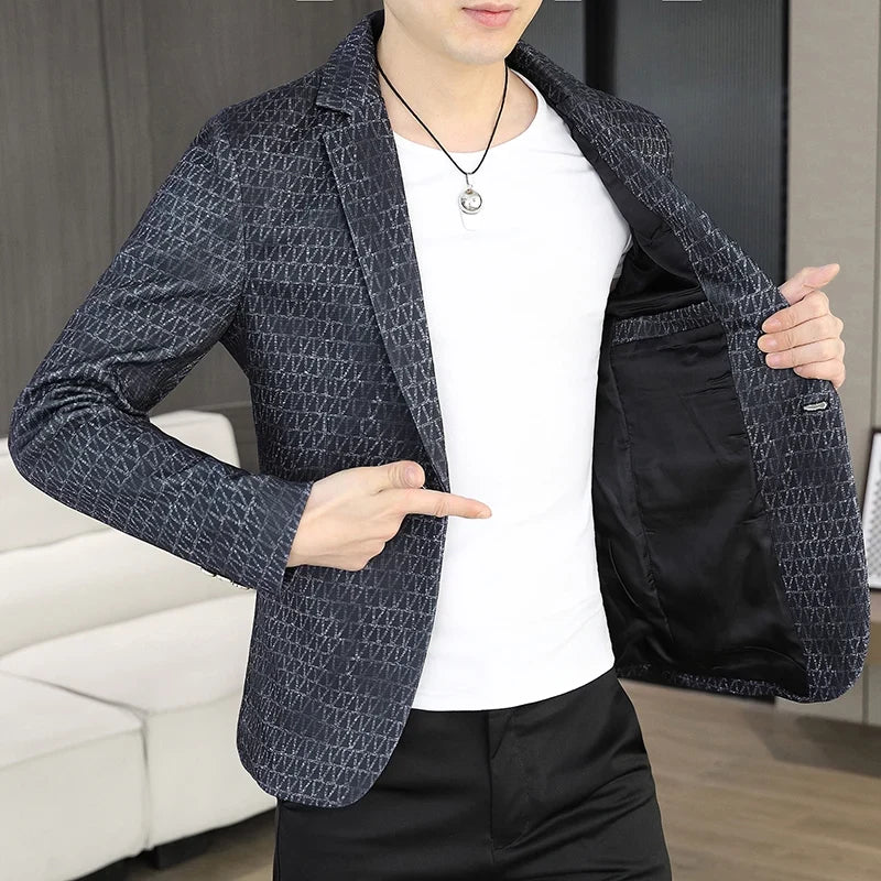 Korean Fashion Suit Jacket Men Slim Fit Geometric Printed Casual Business Blazers Autumn Social Groom Hairstylist Uniform Jacket
