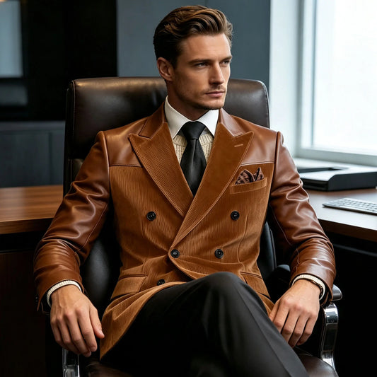 Men's Slim Fit Double Breasted Corduroy Suit – Brown Leather Patchwork Formal Jacket for Weddings & Business