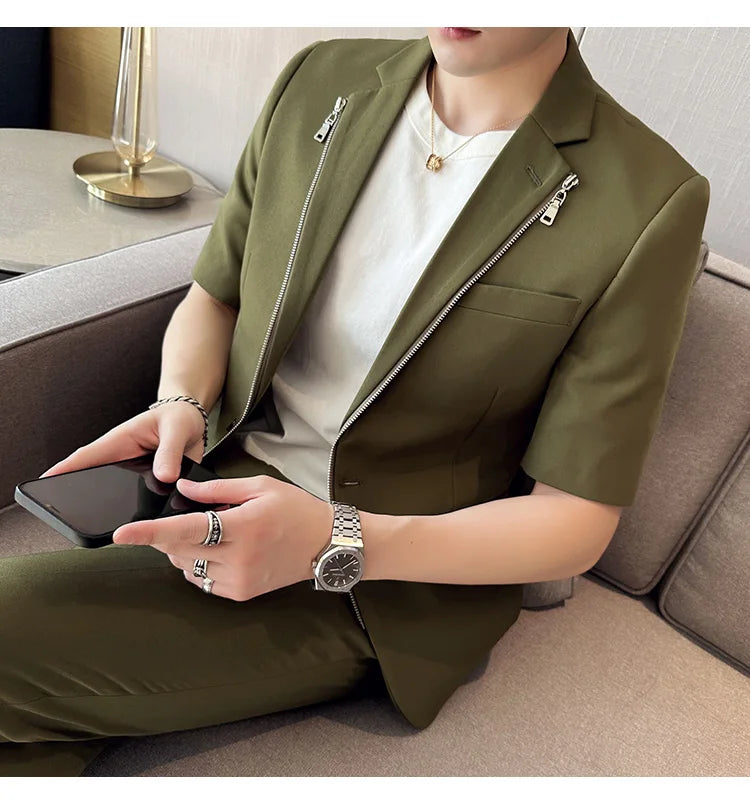 2023 Summer Zipper Decoration Blazers Men Casual Business Suit Jacket Slim Fit 3/4 Sleeve Streetwear Social Jacket Men Clothing