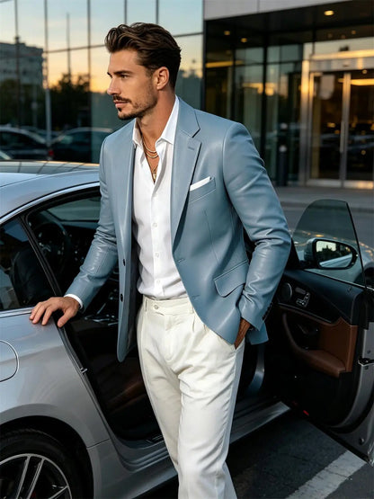 Men's Faux Leather Blazer Slim Fit 2 Button Notched Lapel Suit Jacket Business Formal Leather Sport Coat For Wedding Party