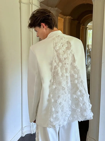 Mens Spliced Flowers Suit Jacket Wide Leg Pants Two Piece Set Loose Fit Spring Summer Designer Elegant Fashion Banquet Suits Set