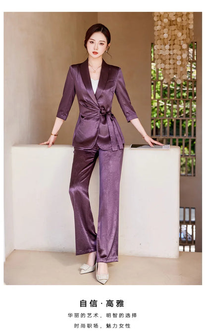 Designer Splicing Women Senior Luxurious Blazer Suit Pants Set Soft Satin Silk Office Lady Solid Coat Big Size Elegant Jacket