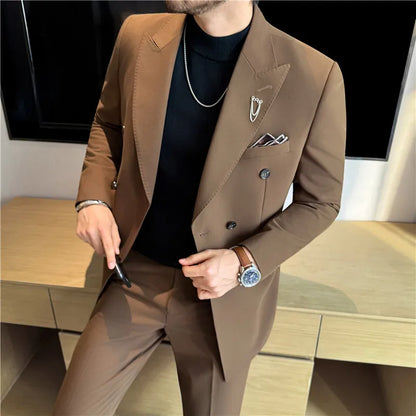 (Jacket + Pants) Fashion Double Breasted Design Slim Men's Suit Italian Style Luxury Wedding Social Party Tuxedo 2 Piece Sets