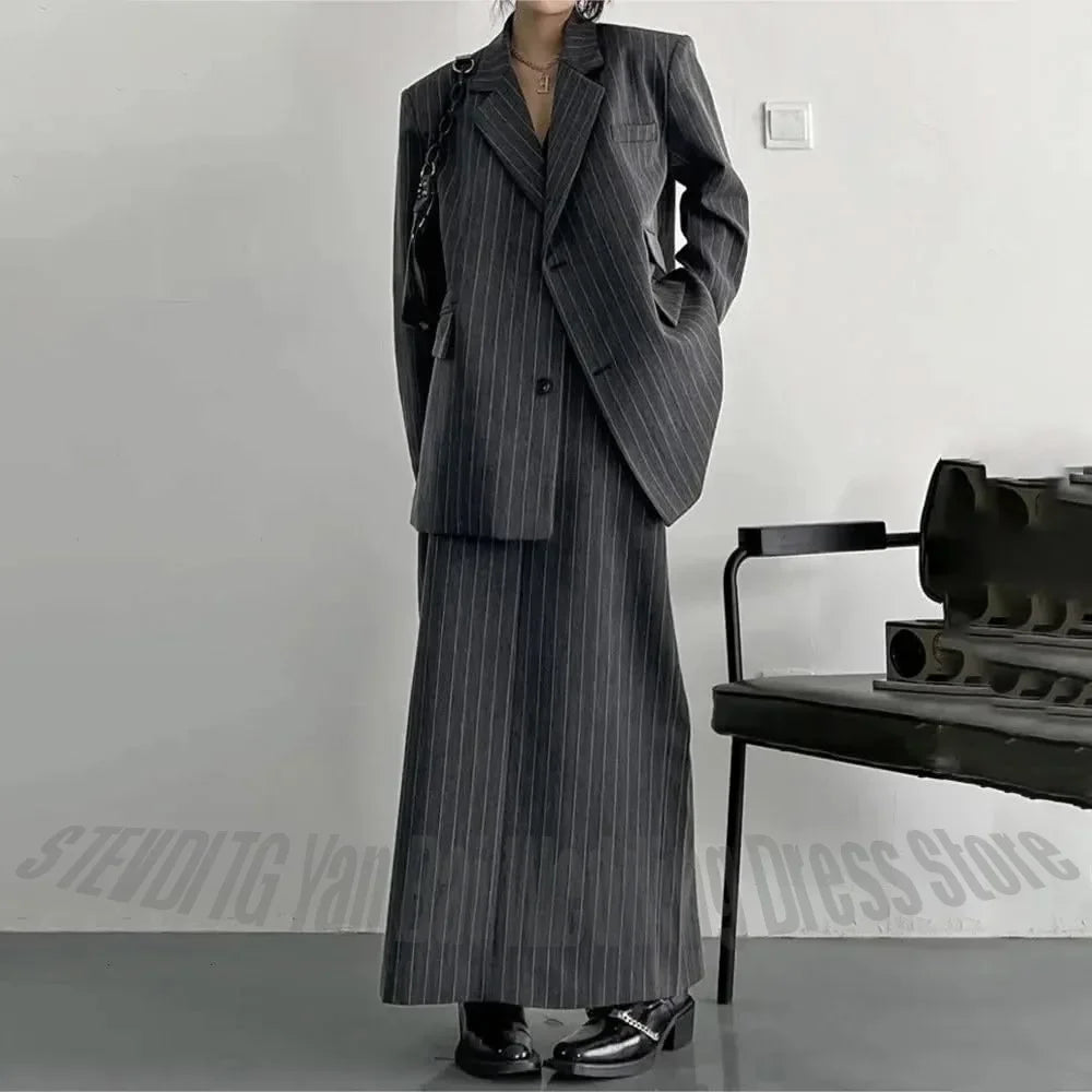 Grey Stripe Women's Suit Blazer Maxi Skirt Two Piece Notched Lapel Loose Casual Jacket Pants Office Fashion Trendy Daily Outfit