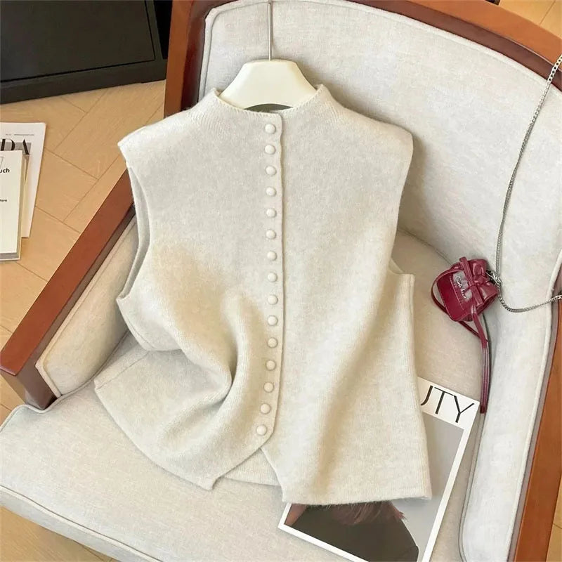 Autumn Winter Ladies Solid Color Knitting Vest Coat Korean Female high-end Stand Collar Sweater Women Fashion Knitted Sleeveless